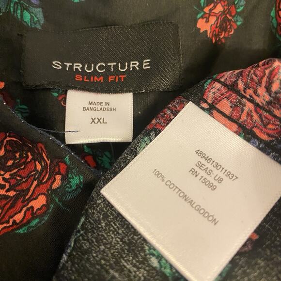 New Y2K Structure SlimFit Men XXL Cotton ButtonUp Shirt ShortSleeve Black Floral - Picture 4 of 8